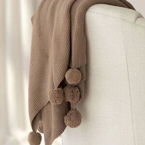 Soft Brown Cotton Throw with Pompoms – 50" x 60"